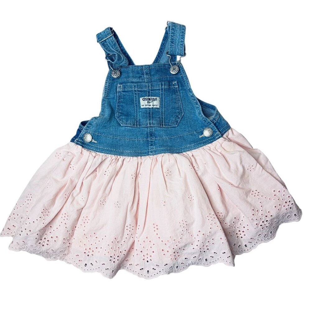 OshKosh B'gosh Toddler Girls 2T Denim Eyelet Dress Pink Blue Jean Overall Skirt